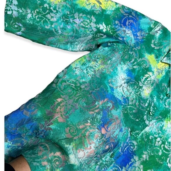 Vintage Green Floral See-Thru Sheer Lace Blouse Button-Up Top - Womens Large - Picture 4 of 4